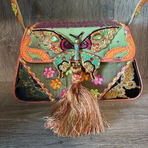 MARY FRANCES Green & Orange Tassel Box Bag Beaded & Jeweled NWOT